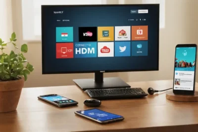 Split-screen layout displays connected devices wirelessly and using HDMI
